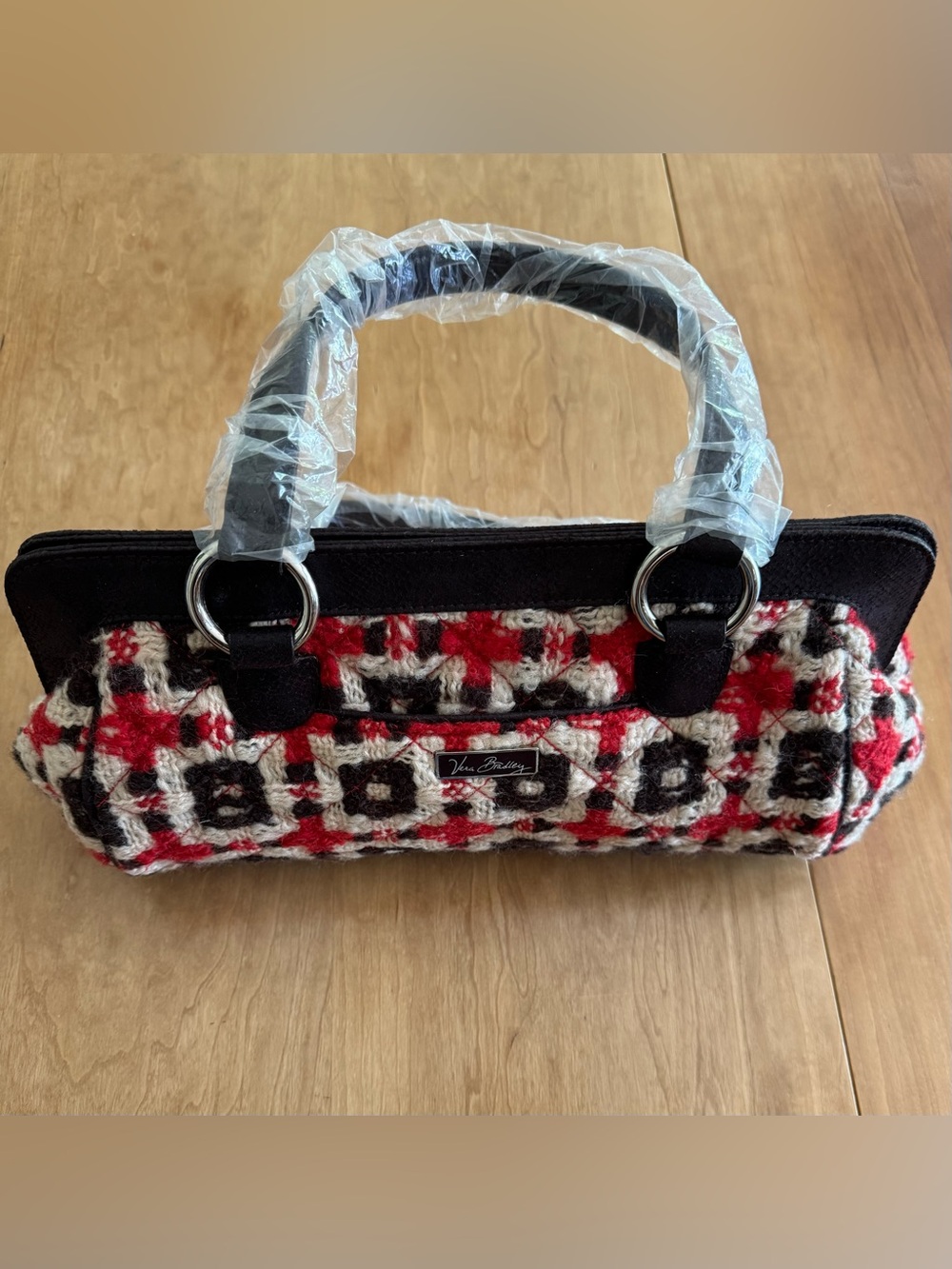 Vera Bradley Red/Black/Cream Knit Satchel, Ring Handles - BRAND NEW (RETIRED)